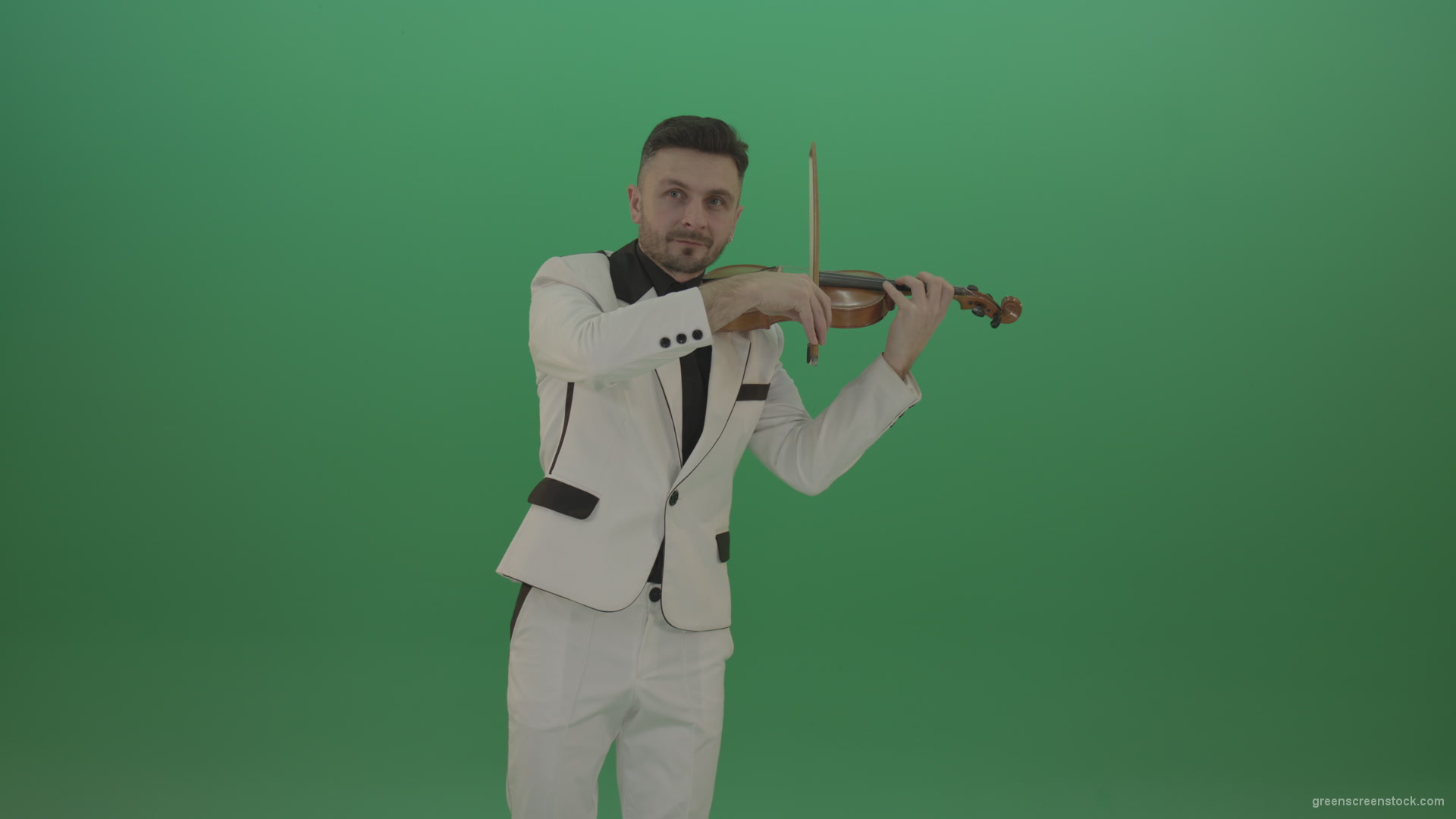 Happy-man-in-white-costume-dramatic-playing-violin-music-instrument-isolated-on-green-screen_001 Green Screen Stock