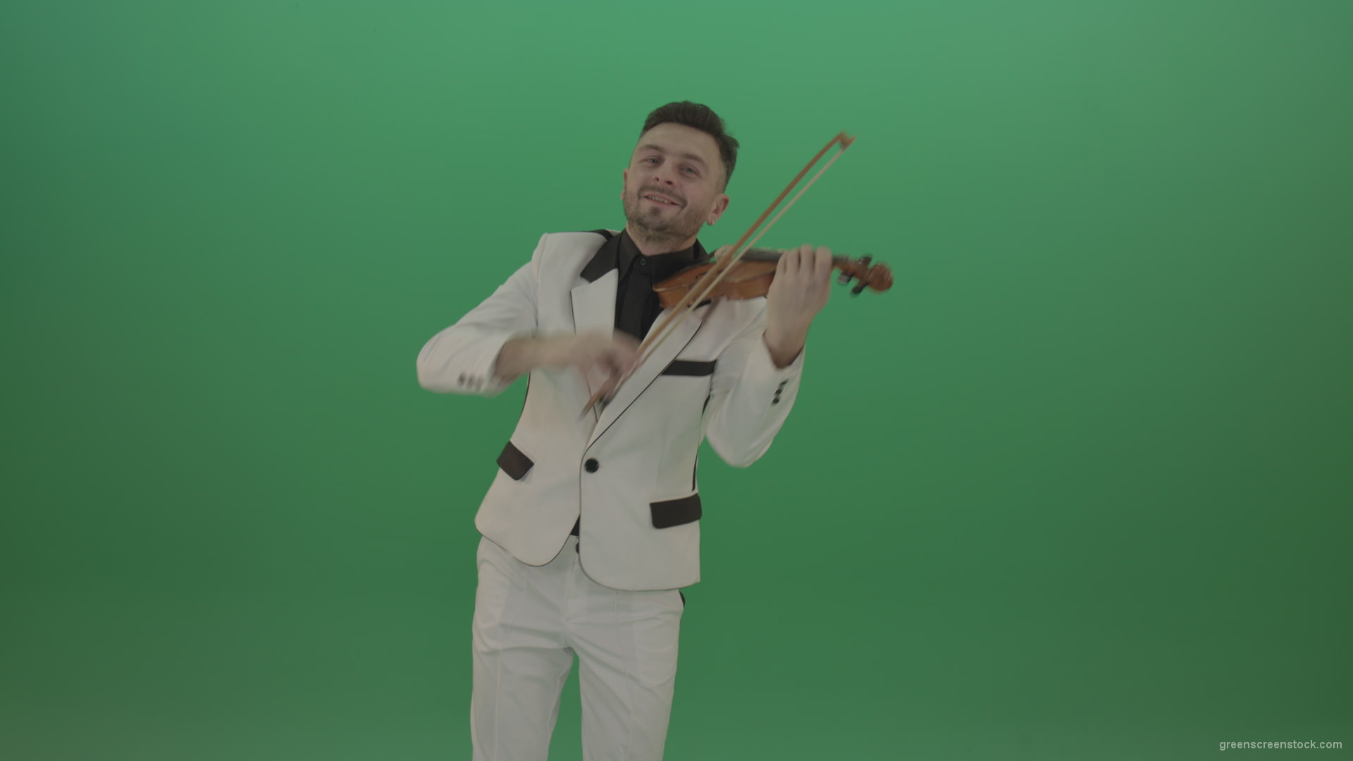 Happy-man-in-white-costume-dramatic-playing-violin-music-instrument-isolated-on-green-screen_004 Green Screen Stock