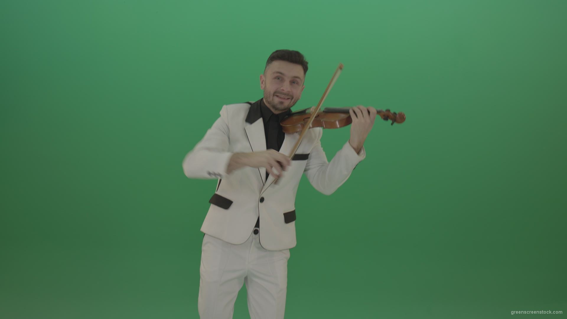 Happy-man-in-white-costume-dramatic-playing-violin-music-instrument-isolated-on-green-screen_005 Green Screen Stock