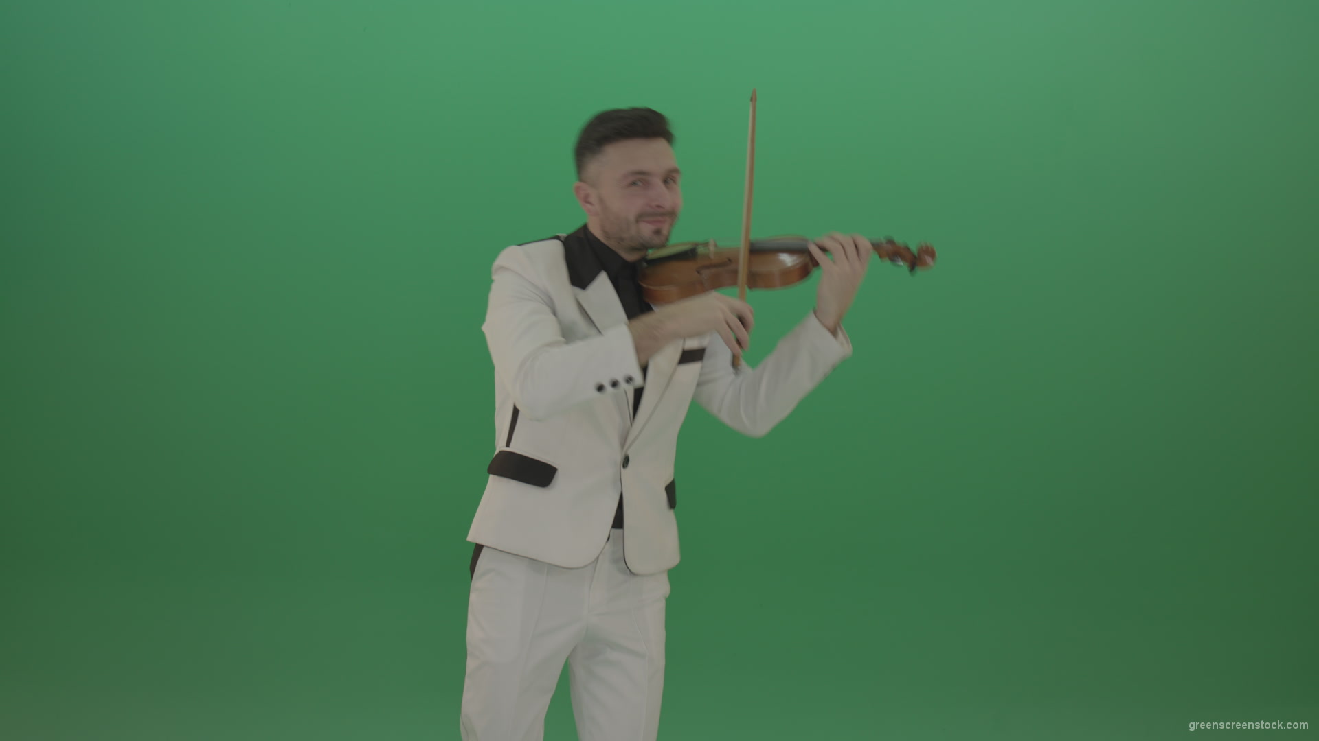 Happy-man-in-white-costume-dramatic-playing-violin-music-instrument-isolated-on-green-screen_006 Green Screen Stock