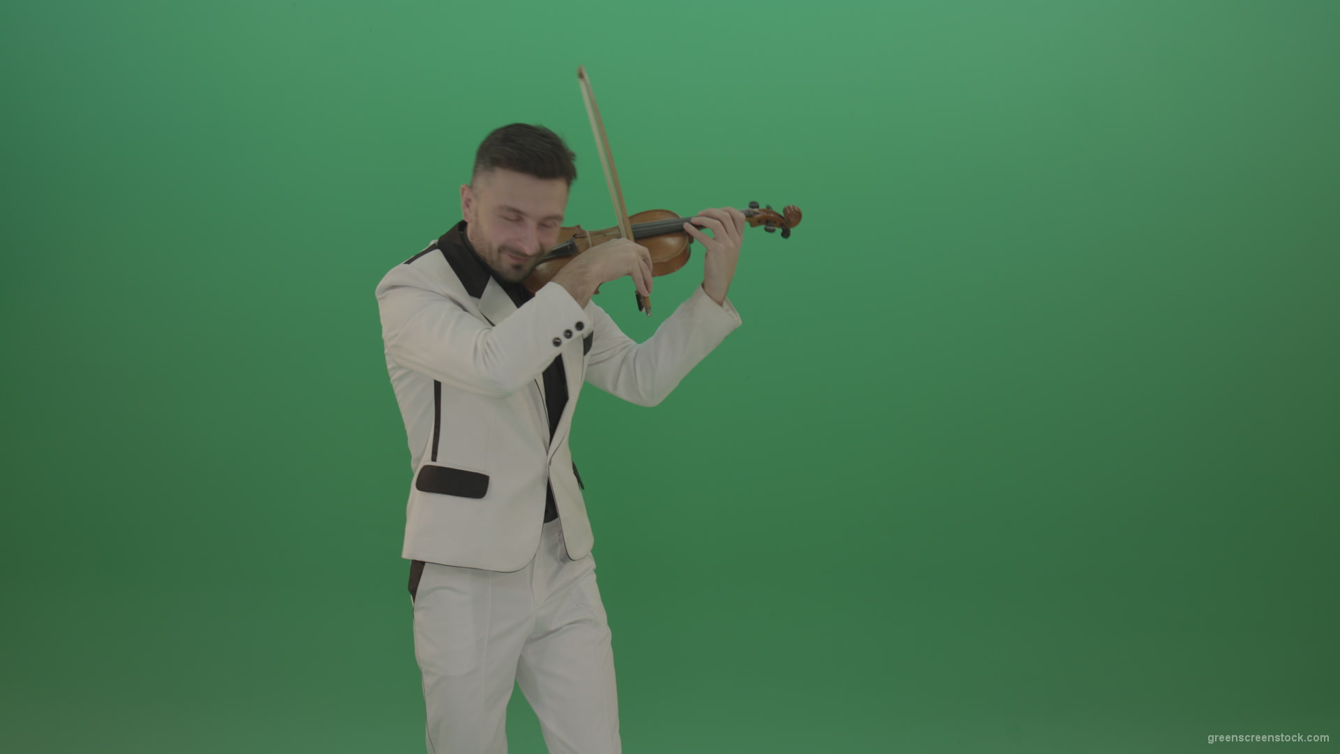 Happy-man-in-white-costume-dramatic-playing-violin-music-instrument-isolated-on-green-screen_007 Green Screen Stock