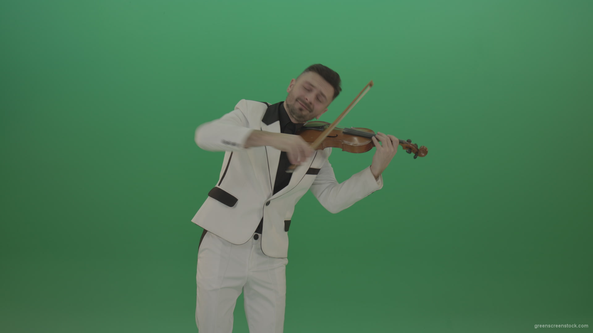 Happy-man-in-white-costume-dramatic-playing-violin-music-instrument-isolated-on-green-screen_008 Green Screen Stock