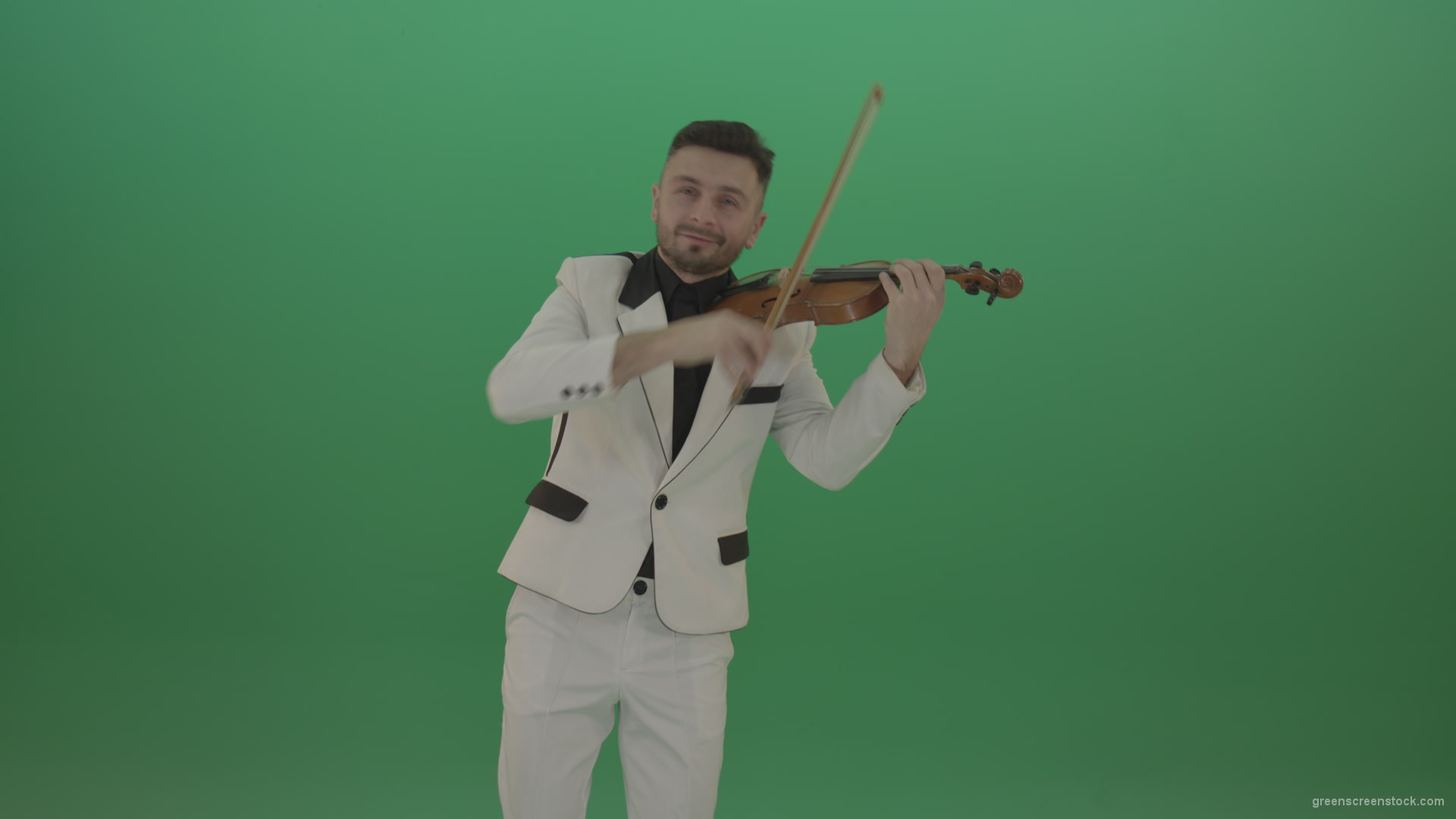Happy-man-in-white-costume-dramatic-playing-violin-music-instrument-isolated-on-green-screen_009 Green Screen Stock