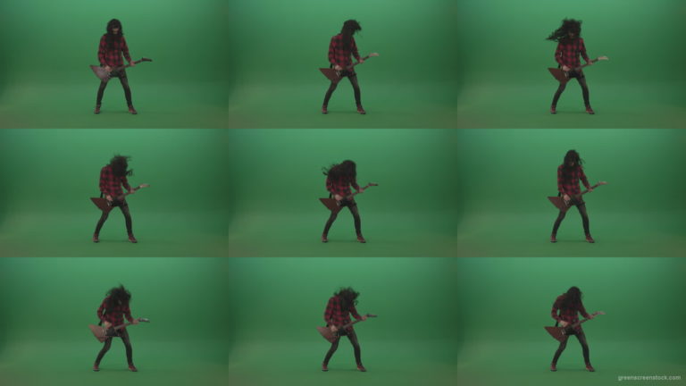 Long-black-hair-hardcore-rock-man-guitarist-play-guitar-and-shaking-head-isolated-on-green-screen Green Screen Stock