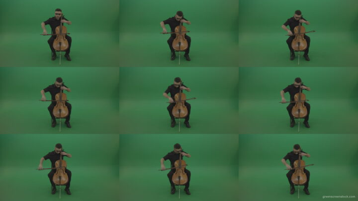 Man-in-black-playing-fast-violoncello-cello-strings-music-instrument-isolated-on-green-screen Green Screen Stock