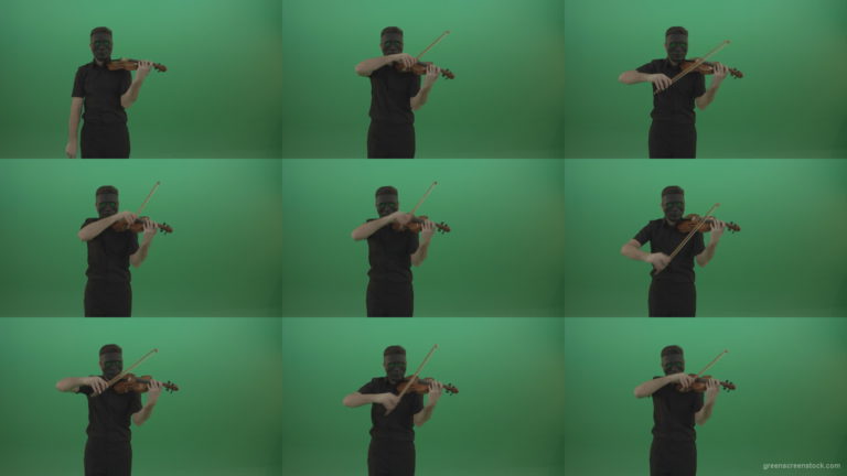 Man-in-black-shirt-and-mask-fast-play-violin-fiddle-strings-gothic-music-isolated-on-green-screen Green Screen Stock