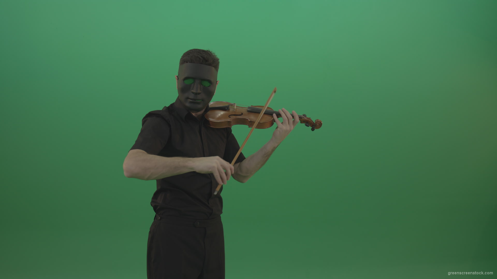 Man-in-black-wear-and-mask-play-violin-fiddle-strings-gothic-dark-music-isolated-on-green-screen_002 Green Screen Stock