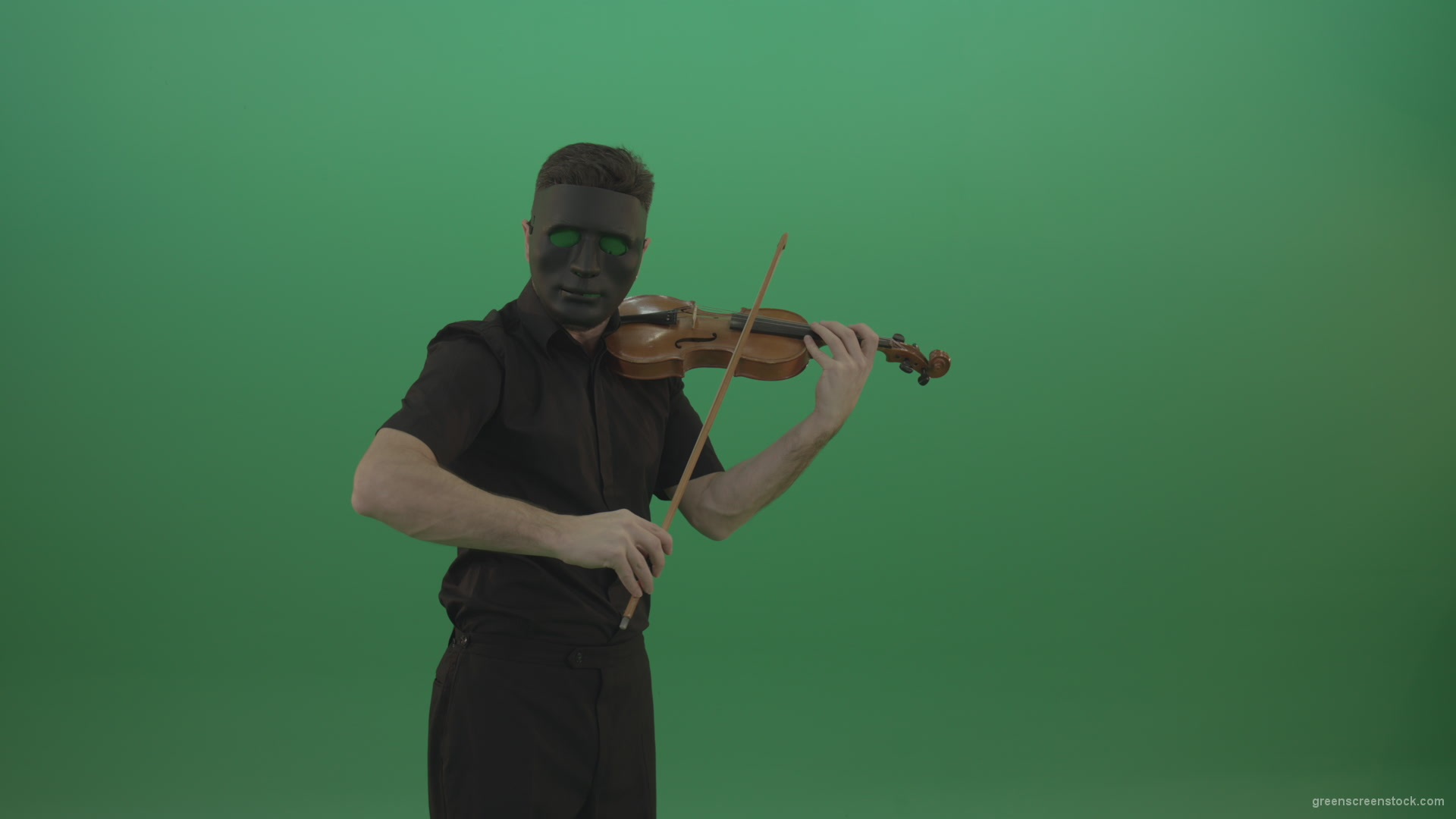 Man-in-black-wear-and-mask-play-violin-fiddle-strings-gothic-dark-music-isolated-on-green-screen_004 Green Screen Stock