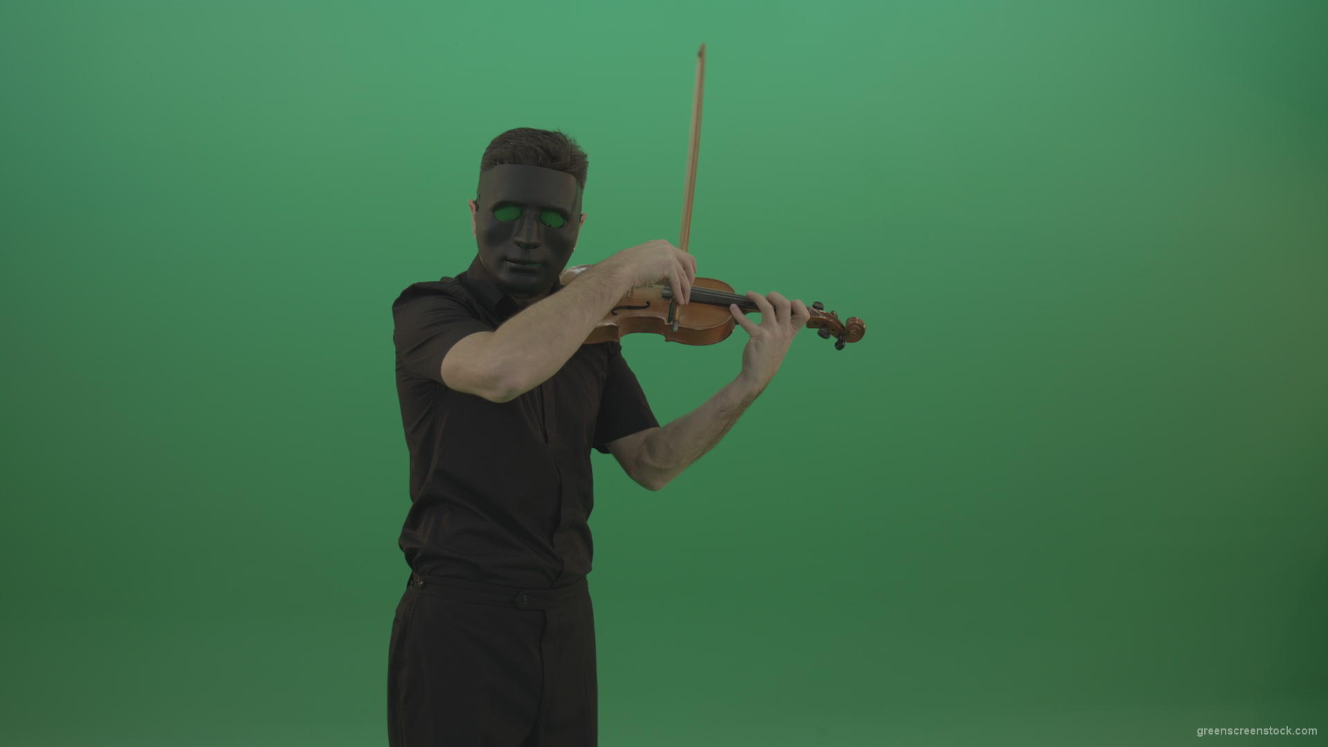Man-in-black-wear-and-mask-play-violin-fiddle-strings-gothic-dark-music-isolated-on-green-screen_005 Green Screen Stock