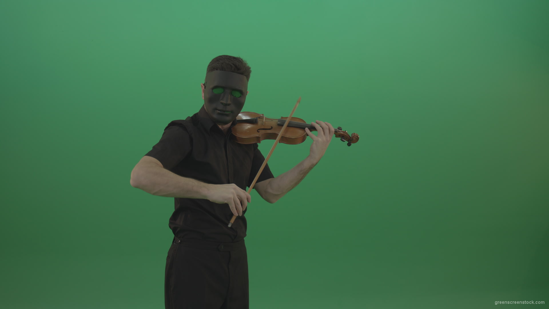 Man-in-black-wear-and-mask-play-violin-fiddle-strings-gothic-dark-music-isolated-on-green-screen_006 Green Screen Stock
