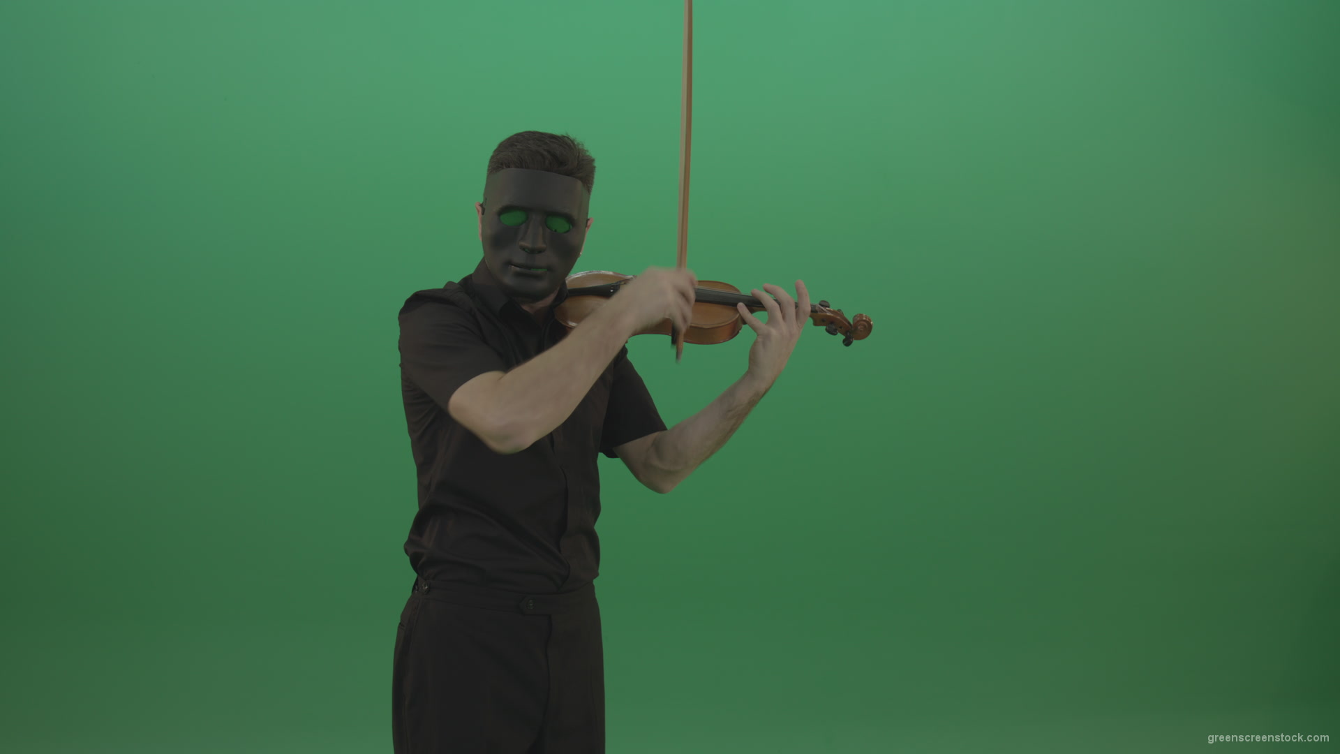 Man-in-black-wear-and-mask-play-violin-fiddle-strings-gothic-dark-music-isolated-on-green-screen_007 Green Screen Stock