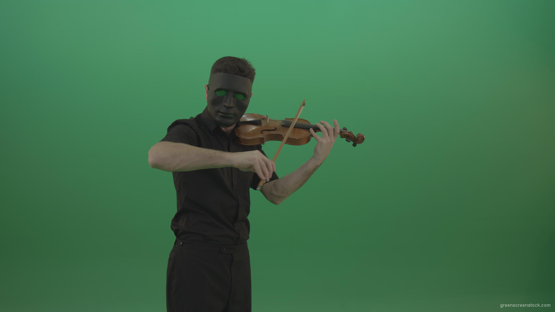 Man-in-black-wear-and-mask-play-violin-fiddle-strings-gothic-dark-music-isolated-on-green-screen_008 Green Screen Stock