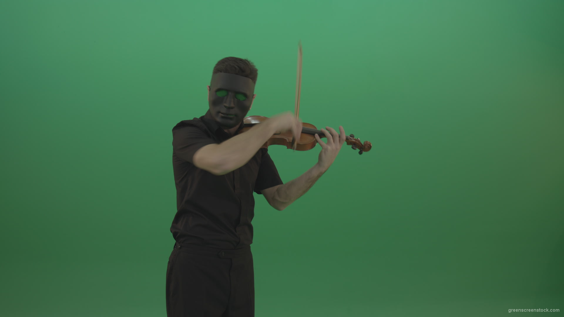 Man-in-black-wear-and-mask-play-violin-fiddle-strings-gothic-dark-music-isolated-on-green-screen_009 Green Screen Stock