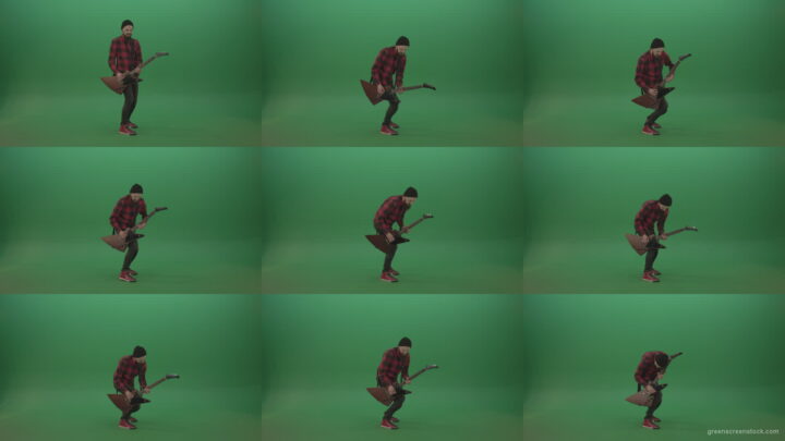 Man-in-red-shirt-play-virtuoso-solo-on-elektro-guitar-on-green-screen Green Screen Stock