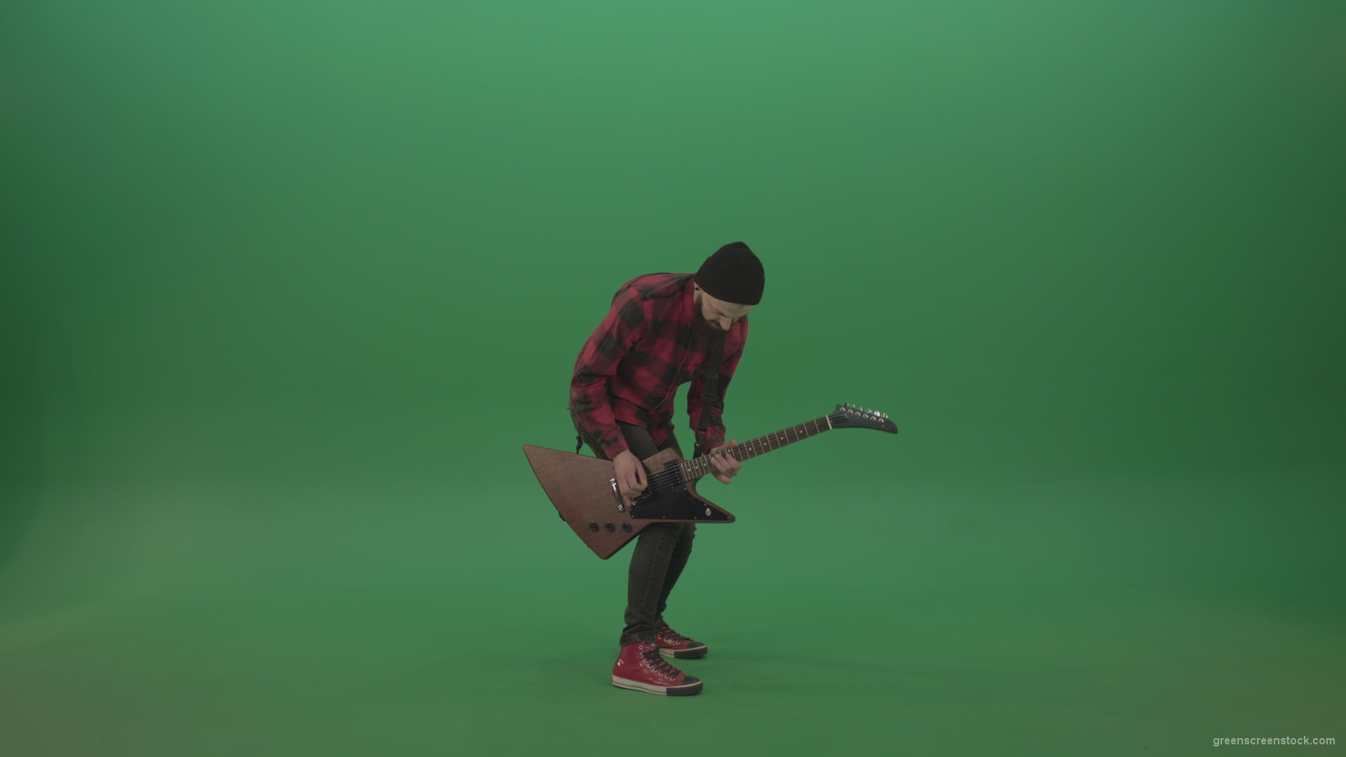 Man-in-red-shirt-play-virtuoso-solo-on-elektro-guitar-on-green-screen_006 Green Screen Stock