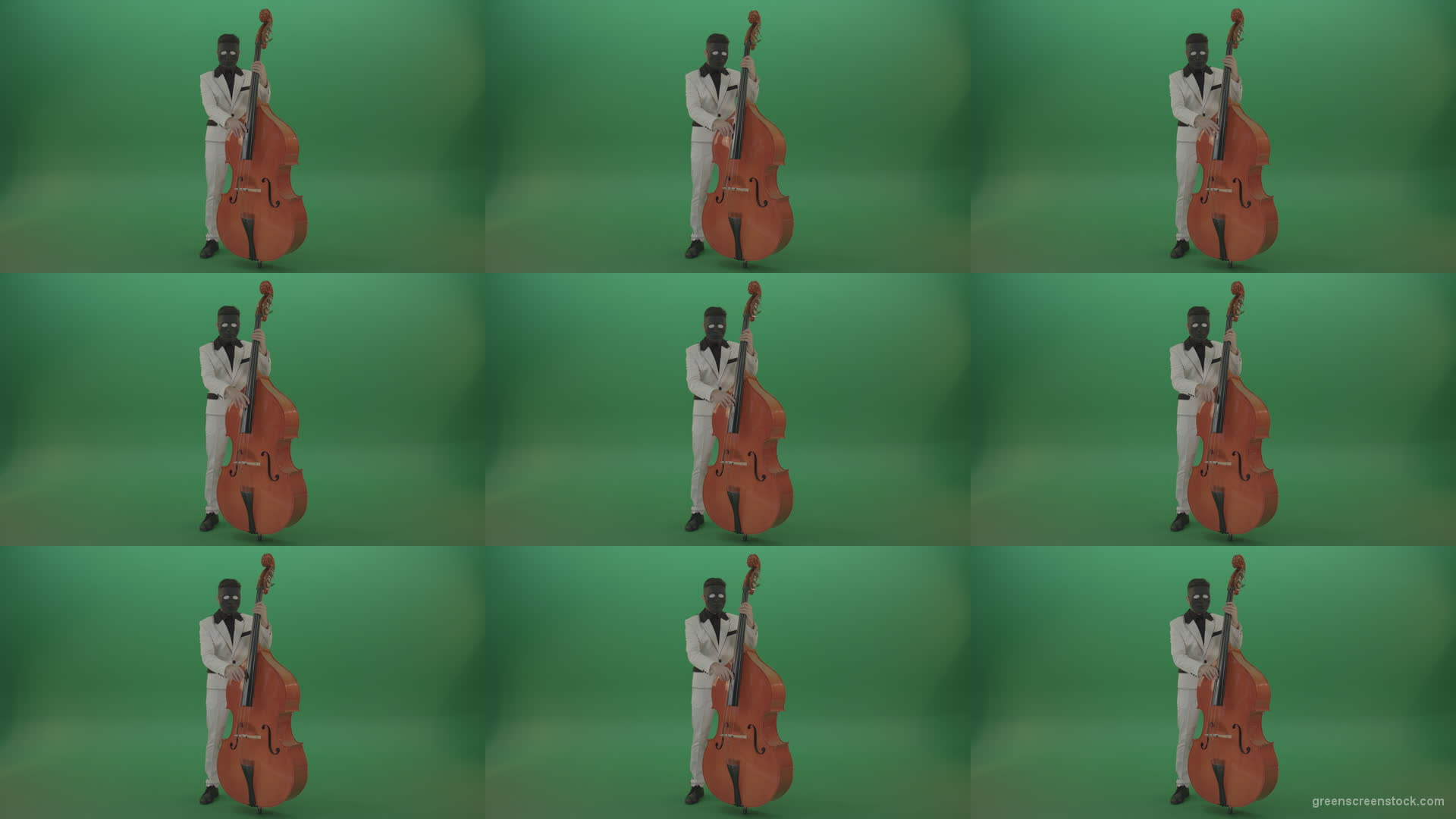 Man-in-white-costume-and-blac-mask-play-jazz-music-on-double-bass-orchestra-music-instument-isolated-on-green-screen Green Screen Stock