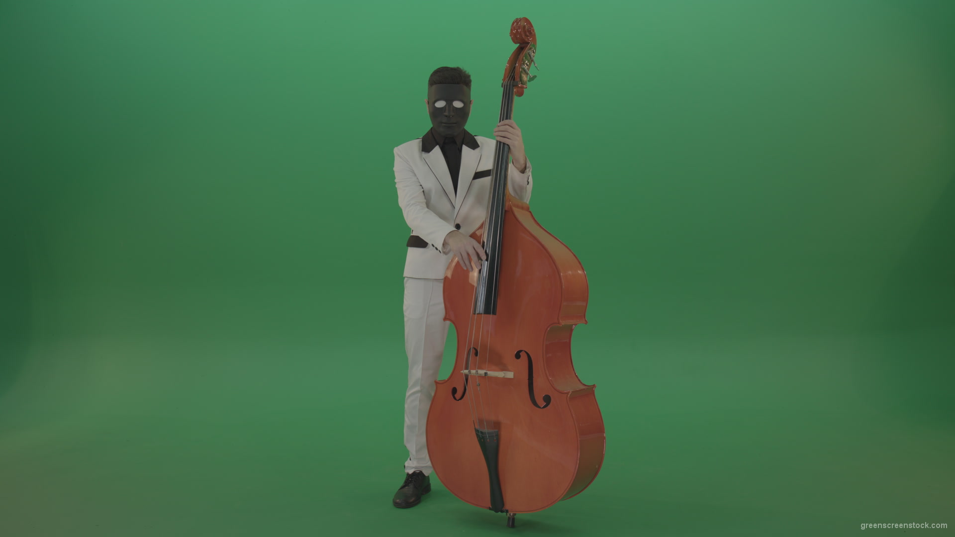 Man-in-white-costume-and-blac-mask-play-jazz-music-on-double-bass-orchestra-music-instument-isolated-on-green-screen_001 Green Screen Stock