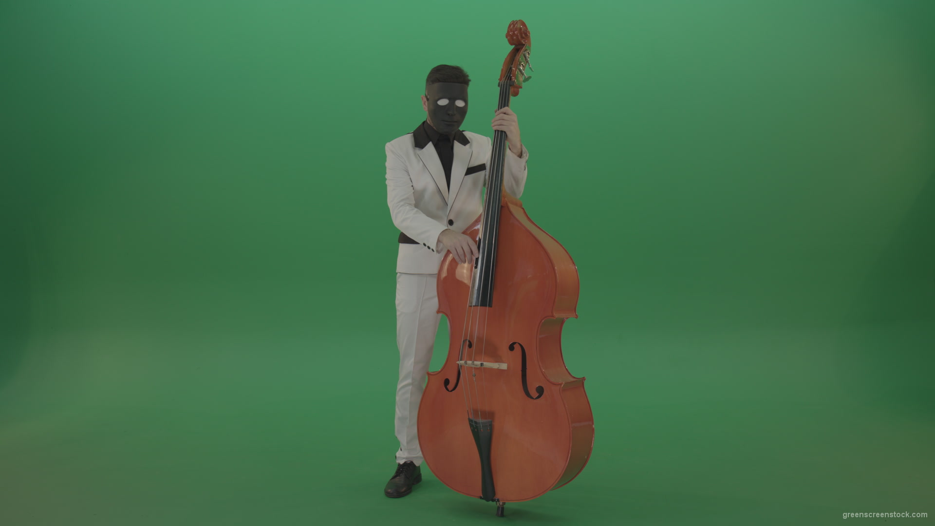 Man-in-white-costume-and-blac-mask-play-jazz-music-on-double-bass-orchestra-music-instument-isolated-on-green-screen_002 Green Screen Stock
