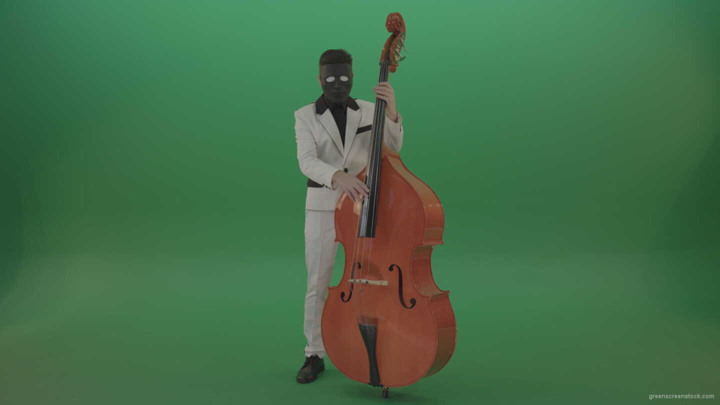 vj video background Man-in-white-costume-and-blac-mask-play-jazz-music-on-double-bass-orchestra-music-instument-isolated-on-green-screen_003
