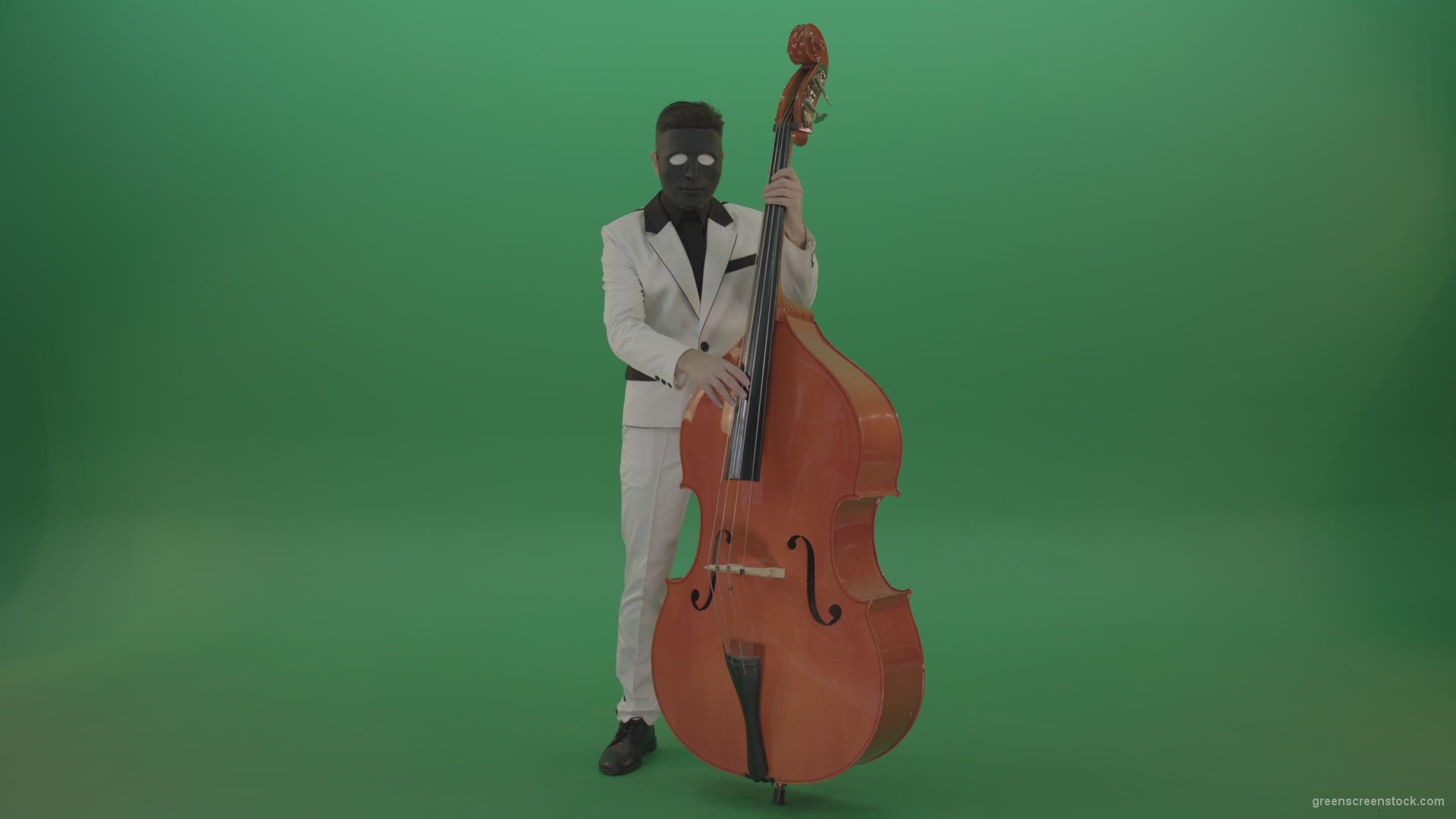 Man-in-white-costume-and-blac-mask-play-jazz-music-on-double-bass-orchestra-music-instument-isolated-on-green-screen_005 Green Screen Stock