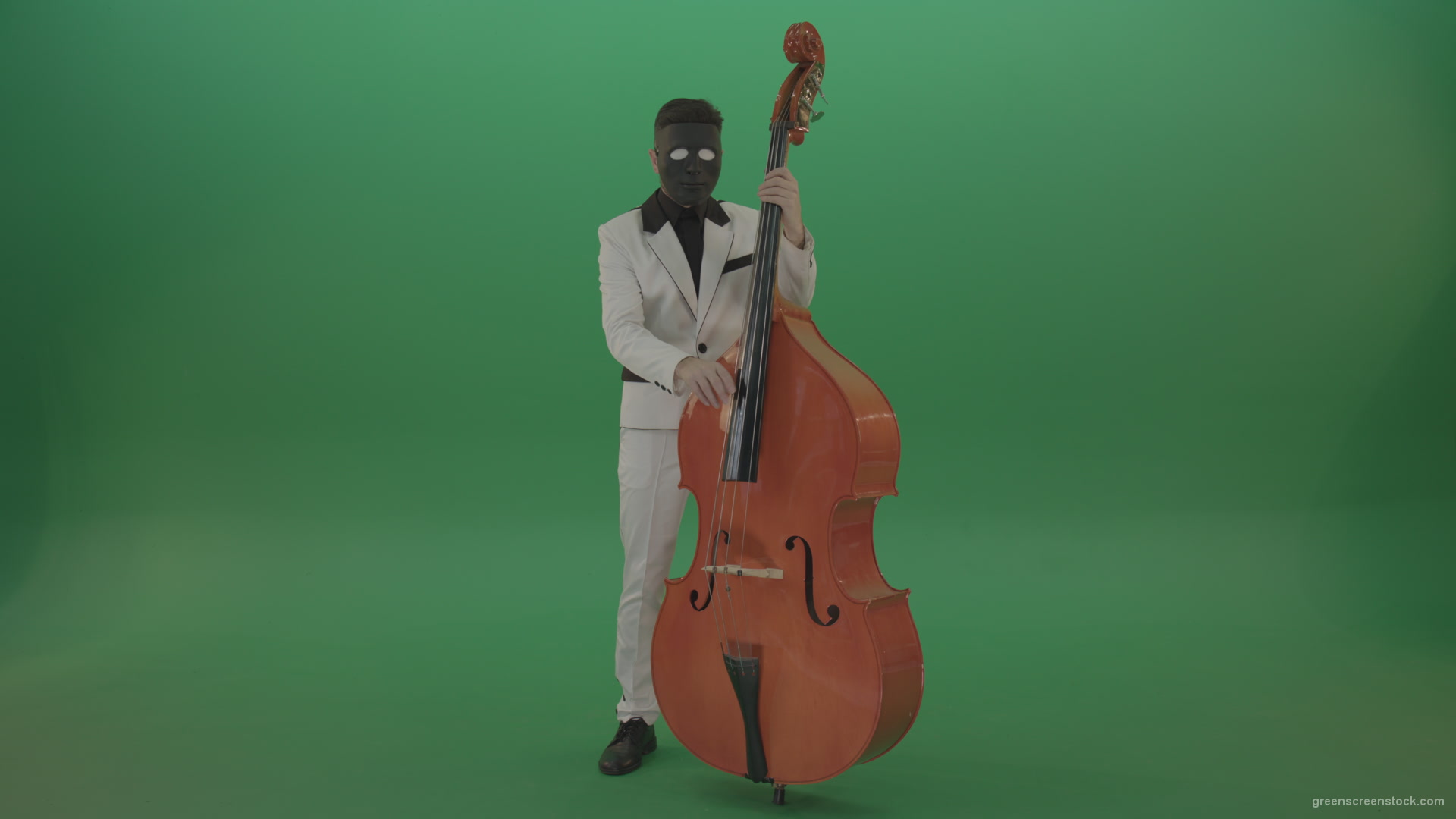 Man-in-white-costume-and-blac-mask-play-jazz-music-on-double-bass-orchestra-music-instument-isolated-on-green-screen_007 Green Screen Stock