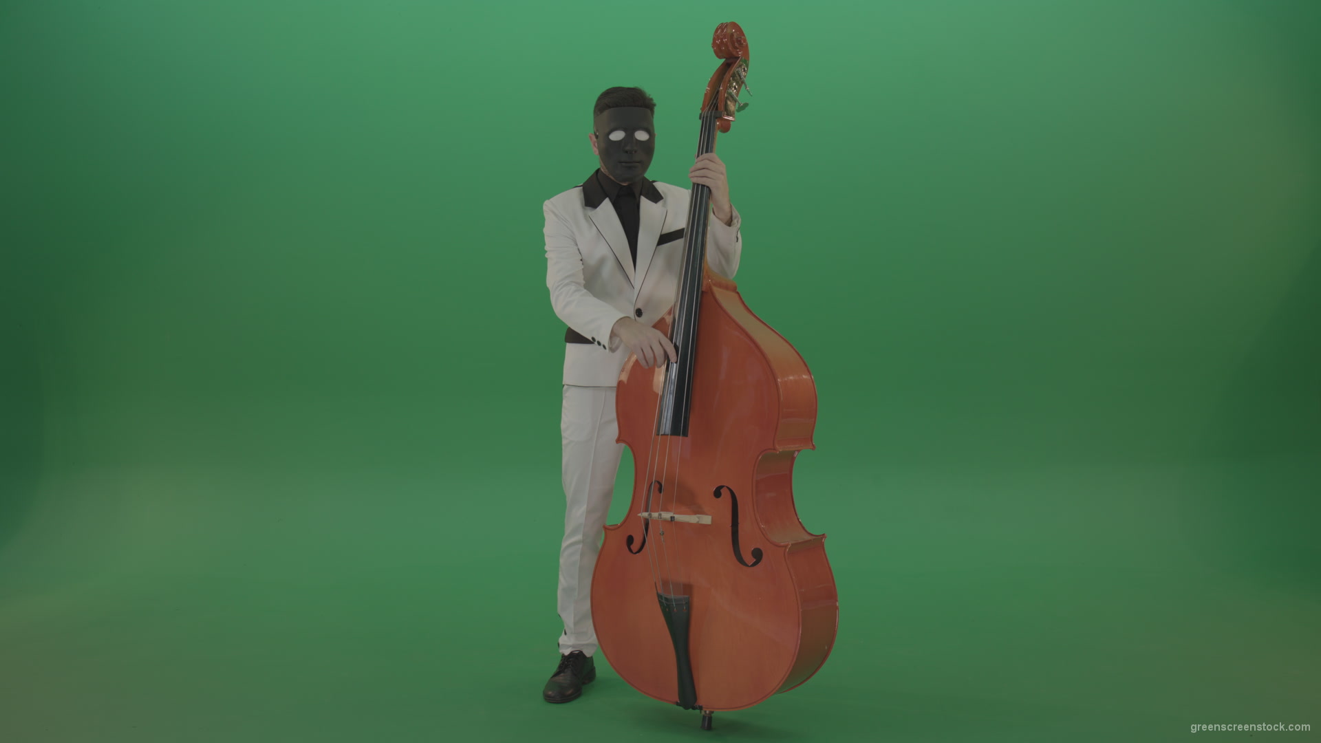 Man-in-white-costume-and-blac-mask-play-jazz-music-on-double-bass-orchestra-music-instument-isolated-on-green-screen_008 Green Screen Stock