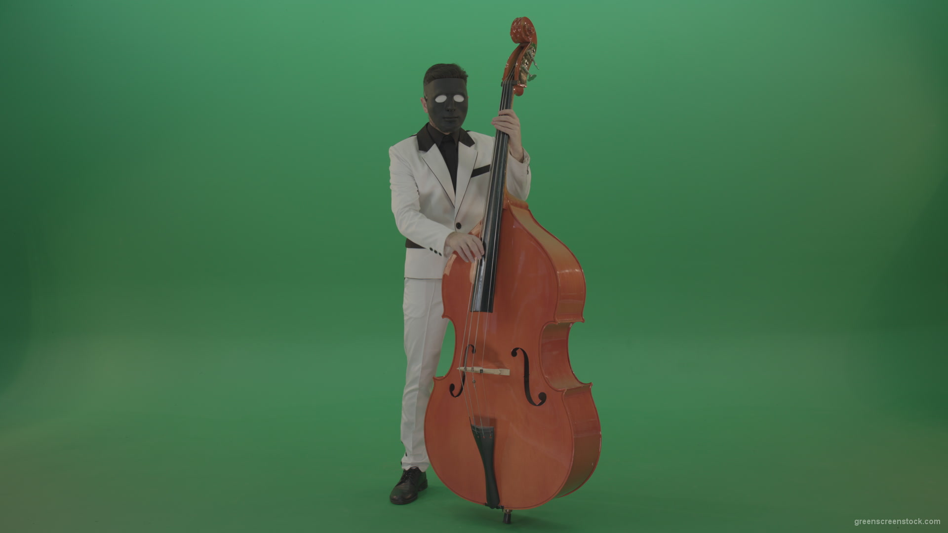 Man-in-white-costume-and-blac-mask-play-jazz-music-on-double-bass-orchestra-music-instument-isolated-on-green-screen_009 Green Screen Stock