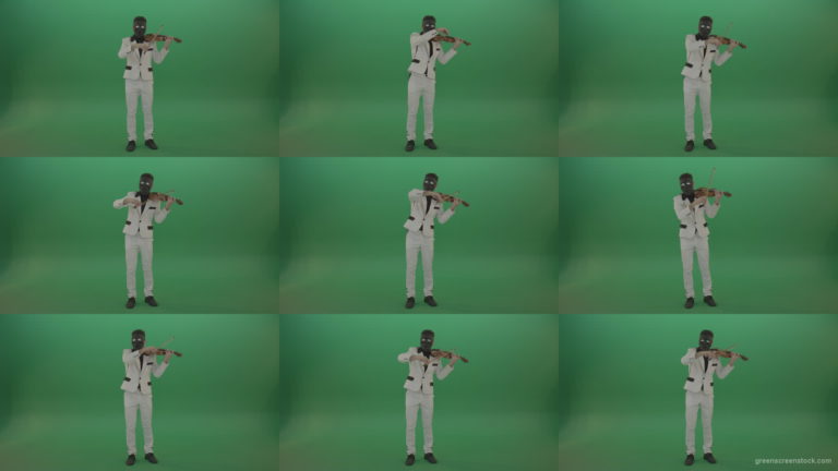 Man-in-white-costume-and-eyes-in-black-mask-play-gothic-violin-Fiddle-string-music-instrument-isolated-on-green-screen Green Screen Stock