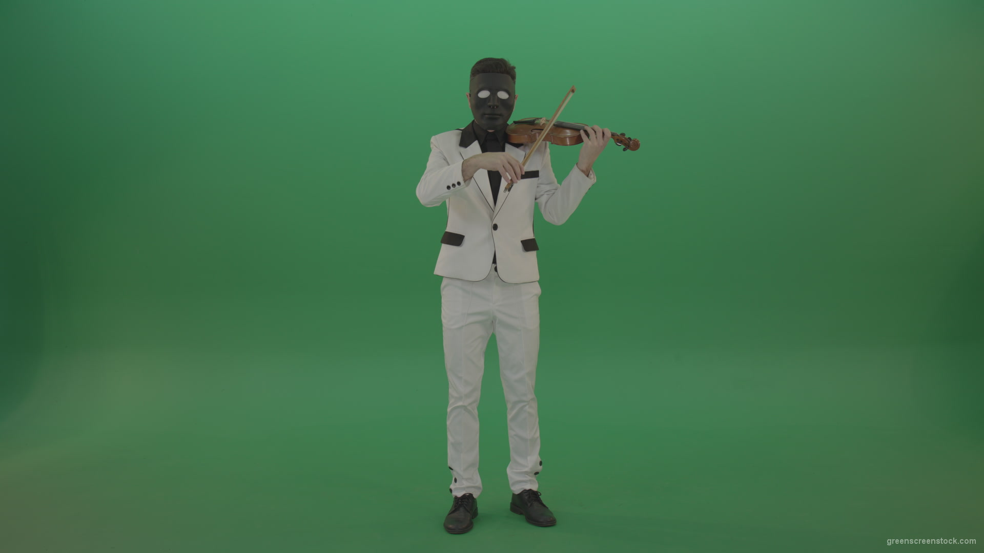 Man-in-white-costume-and-eyes-in-black-mask-play-gothic-violin-Fiddle-string-music-instrument-isolated-on-green-screen_001 Green Screen Stock