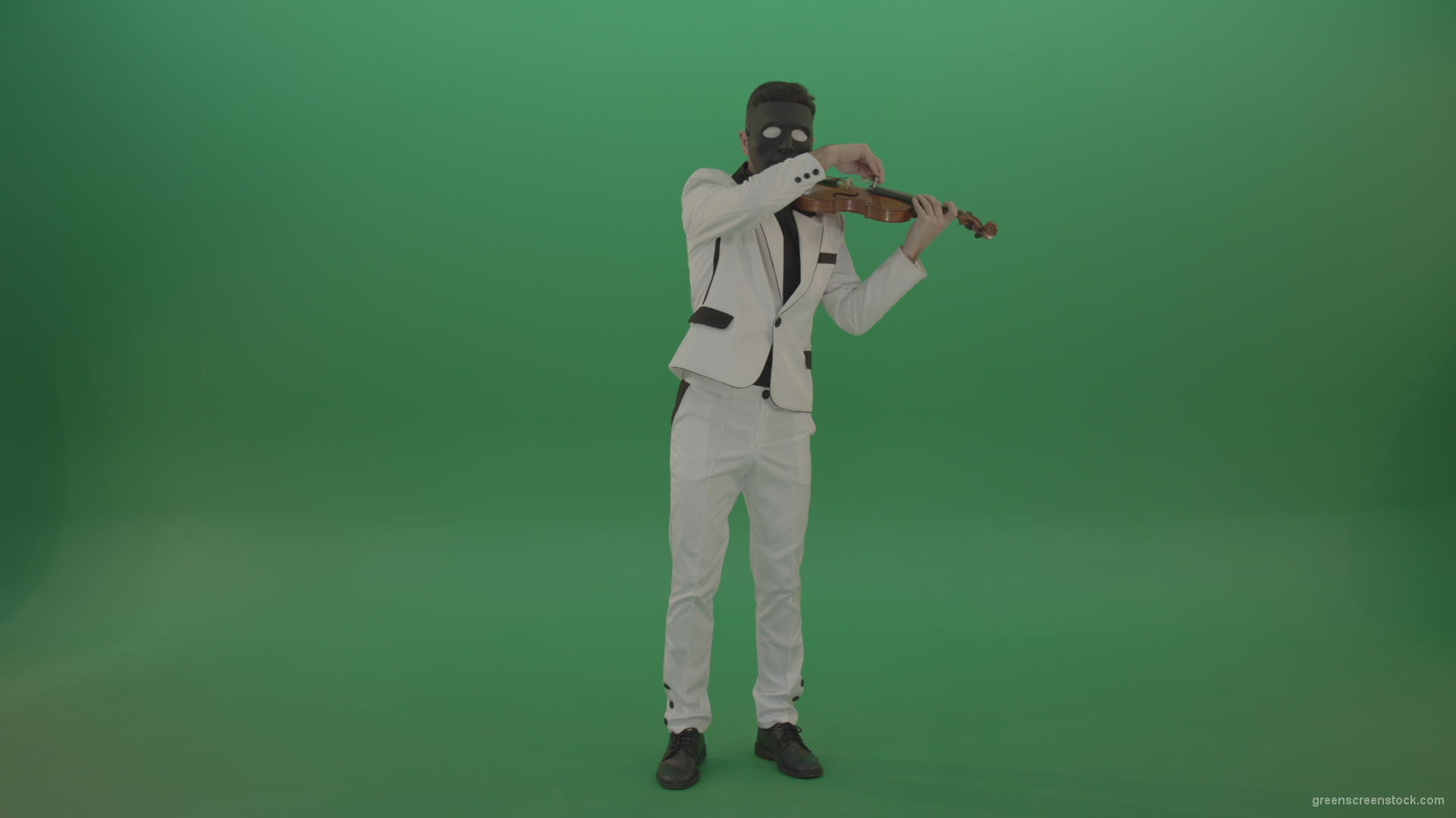 Man-in-white-costume-and-eyes-in-black-mask-play-gothic-violin-Fiddle-string-music-instrument-isolated-on-green-screen_002 Green Screen Stock