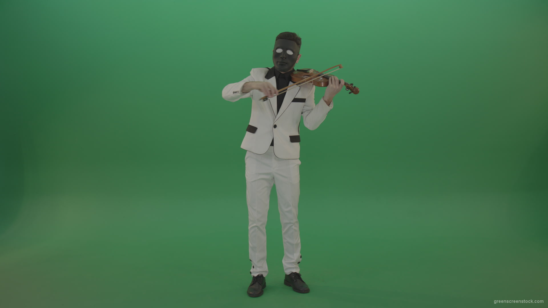Man-in-white-costume-and-eyes-in-black-mask-play-gothic-violin-Fiddle-string-music-instrument-isolated-on-green-screen_004 Green Screen Stock