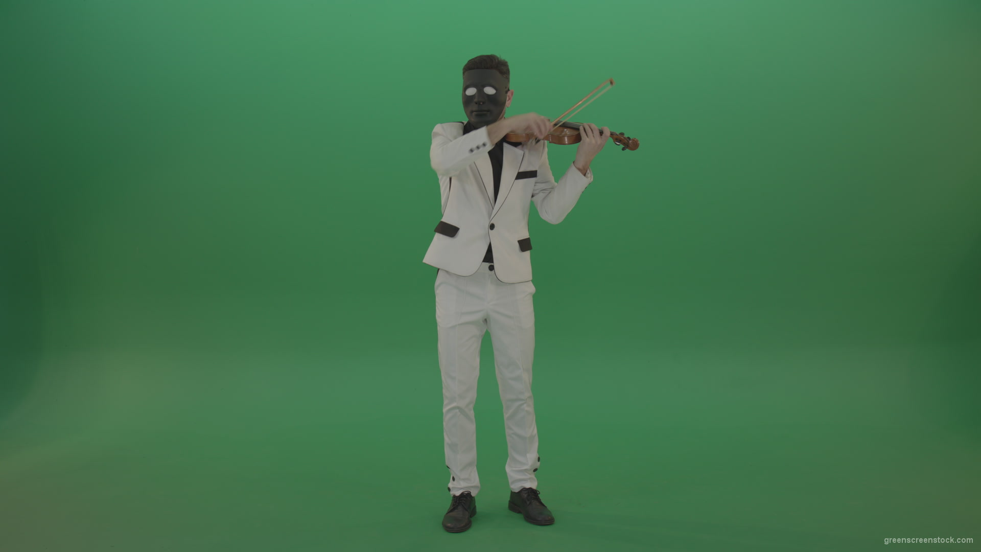 Man-in-white-costume-and-eyes-in-black-mask-play-gothic-violin-Fiddle-string-music-instrument-isolated-on-green-screen_007 Green Screen Stock