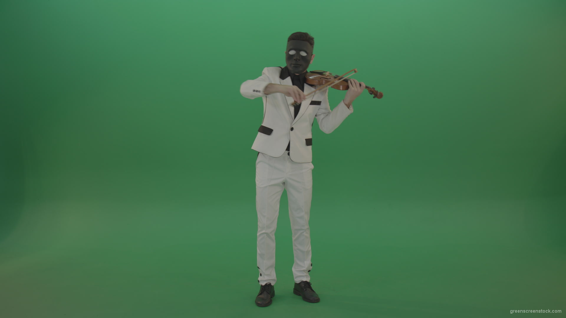 Man-in-white-costume-and-eyes-in-black-mask-play-gothic-violin-Fiddle-string-music-instrument-isolated-on-green-screen_008 Green Screen Stock