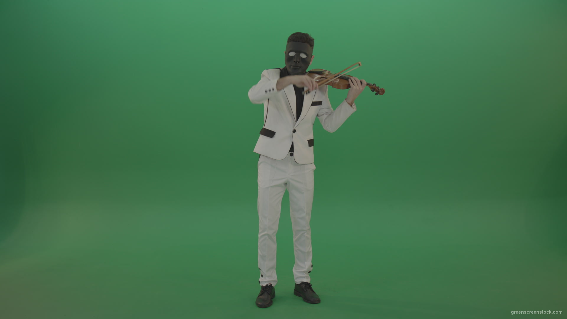 Man-in-white-costume-and-eyes-in-black-mask-play-gothic-violin-Fiddle-string-music-instrument-isolated-on-green-screen_009 Green Screen Stock