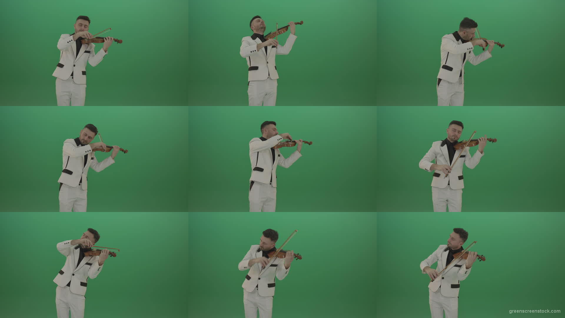 Man-is-playing-slow-love-in-white-costume-on-violin-Fiddle-string-music-instrument-isolated-on-green-screen Green Screen Stock