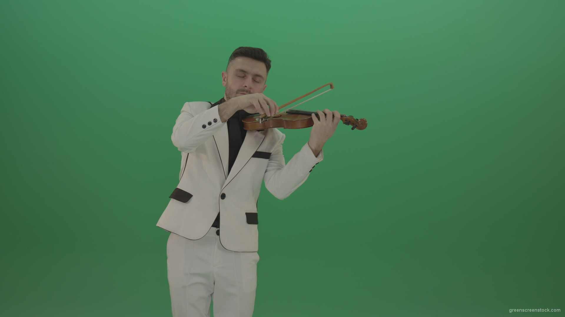 Man-is-playing-slow-love-in-white-costume-on-violin-Fiddle-string-music-instrument-isolated-on-green-screen_001 Green Screen Stock