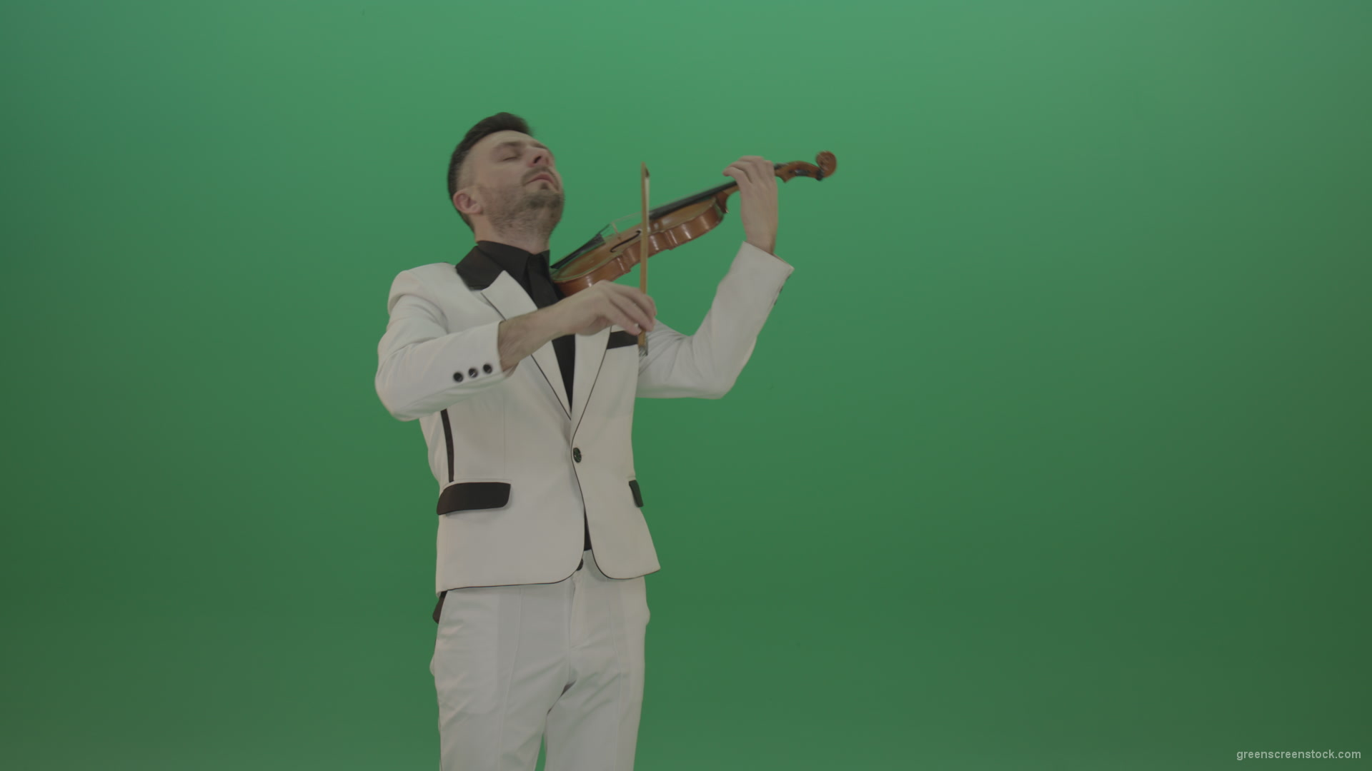 Man-is-playing-slow-love-in-white-costume-on-violin-Fiddle-string-music-instrument-isolated-on-green-screen_002 Green Screen Stock