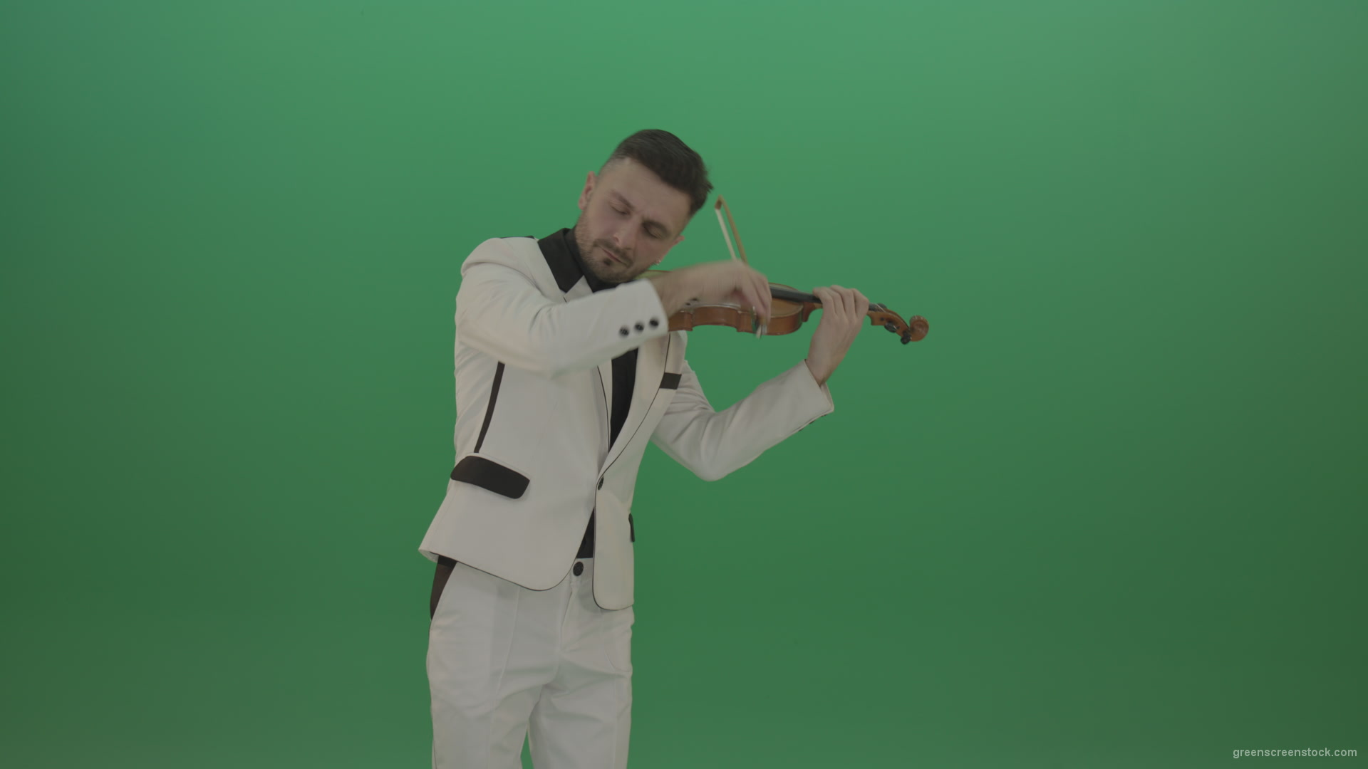 Man-is-playing-slow-love-in-white-costume-on-violin-Fiddle-string-music-instrument-isolated-on-green-screen_004 Green Screen Stock