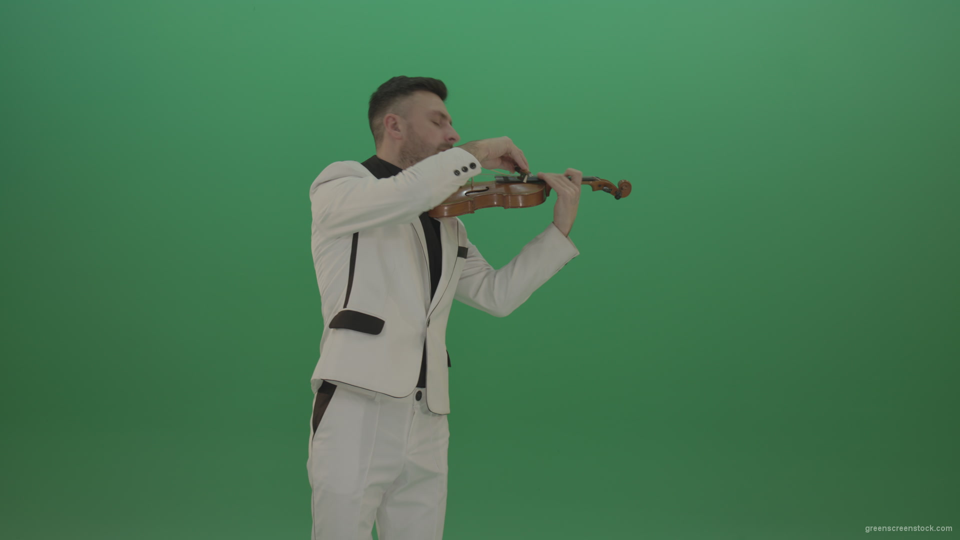 Man-is-playing-slow-love-in-white-costume-on-violin-Fiddle-string-music-instrument-isolated-on-green-screen_005 Green Screen Stock