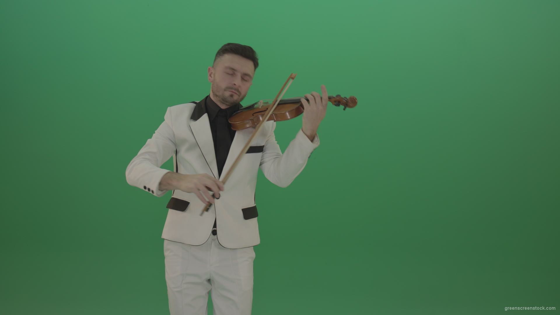 Man-is-playing-slow-love-in-white-costume-on-violin-Fiddle-string-music-instrument-isolated-on-green-screen_006 Green Screen Stock