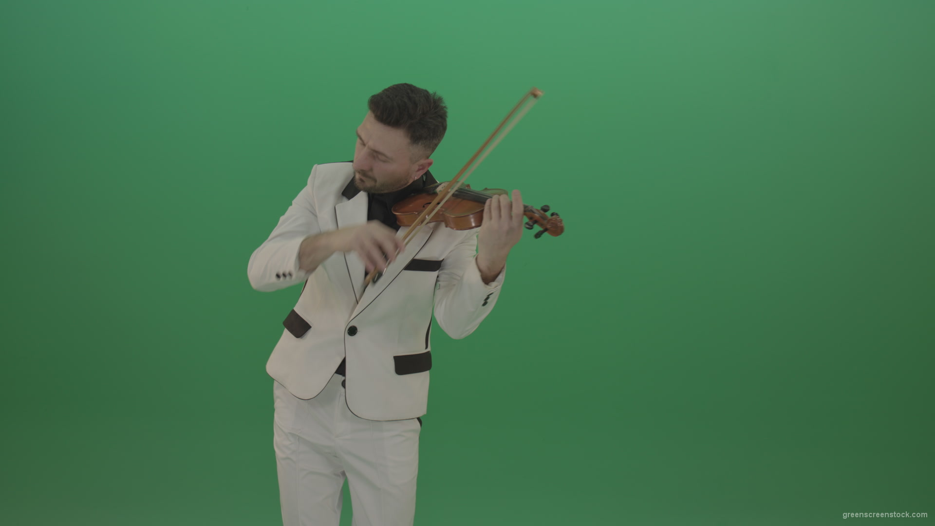 Man-is-playing-slow-love-in-white-costume-on-violin-Fiddle-string-music-instrument-isolated-on-green-screen_008 Green Screen Stock