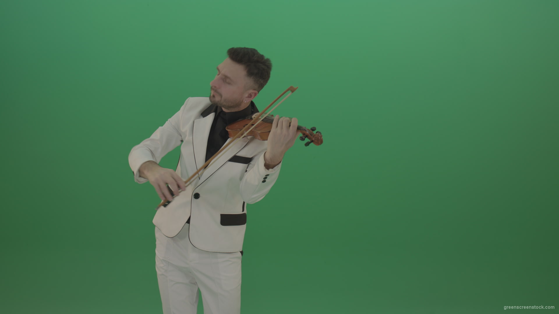 Man-is-playing-slow-love-in-white-costume-on-violin-Fiddle-string-music-instrument-isolated-on-green-screen_009 Green Screen Stock