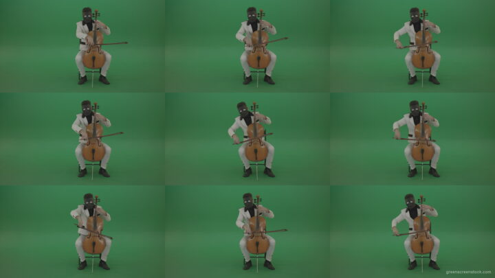 Man-plays-on-a-cello-in-a-white-suit-and-a-black-mask-with-white-eyes Green Screen Stock