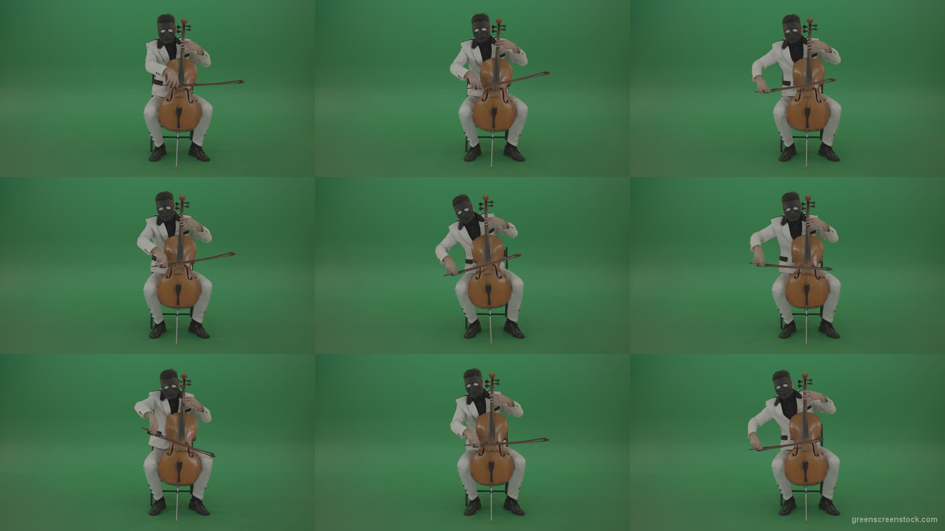 Man-plays-on-a-cello-in-a-white-suit-and-a-black-mask-with-white-eyes Green Screen Stock