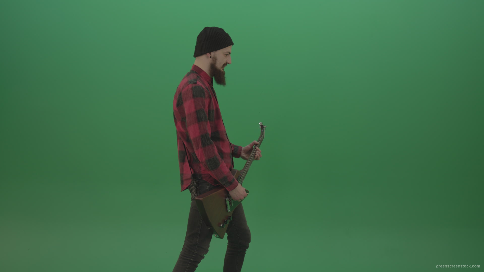 Man-punk-hardrock-guitarist-playing-guitar-in-side-view-in-green-screen-studio_001 Green Screen Stock