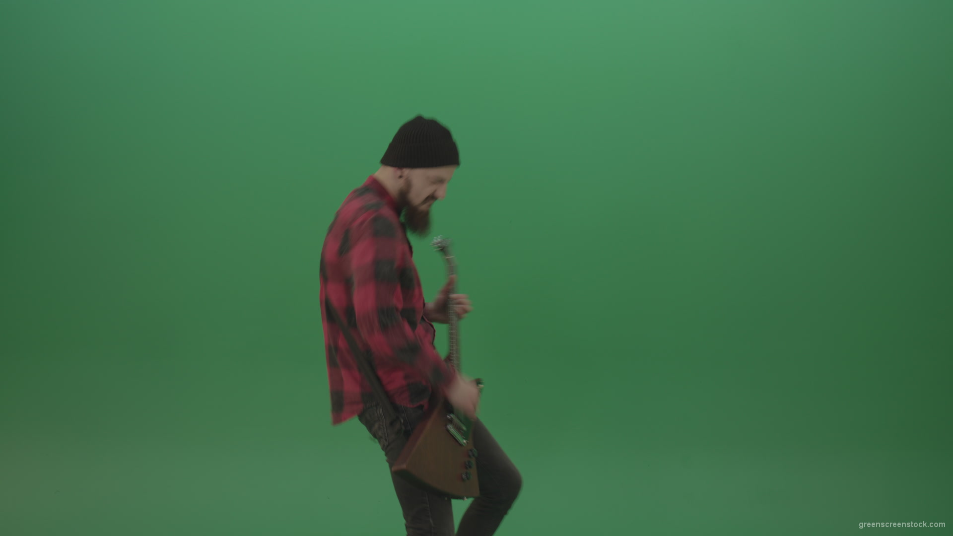 Man-punk-hardrock-guitarist-playing-guitar-in-side-view-in-green-screen-studio_004 Green Screen Stock