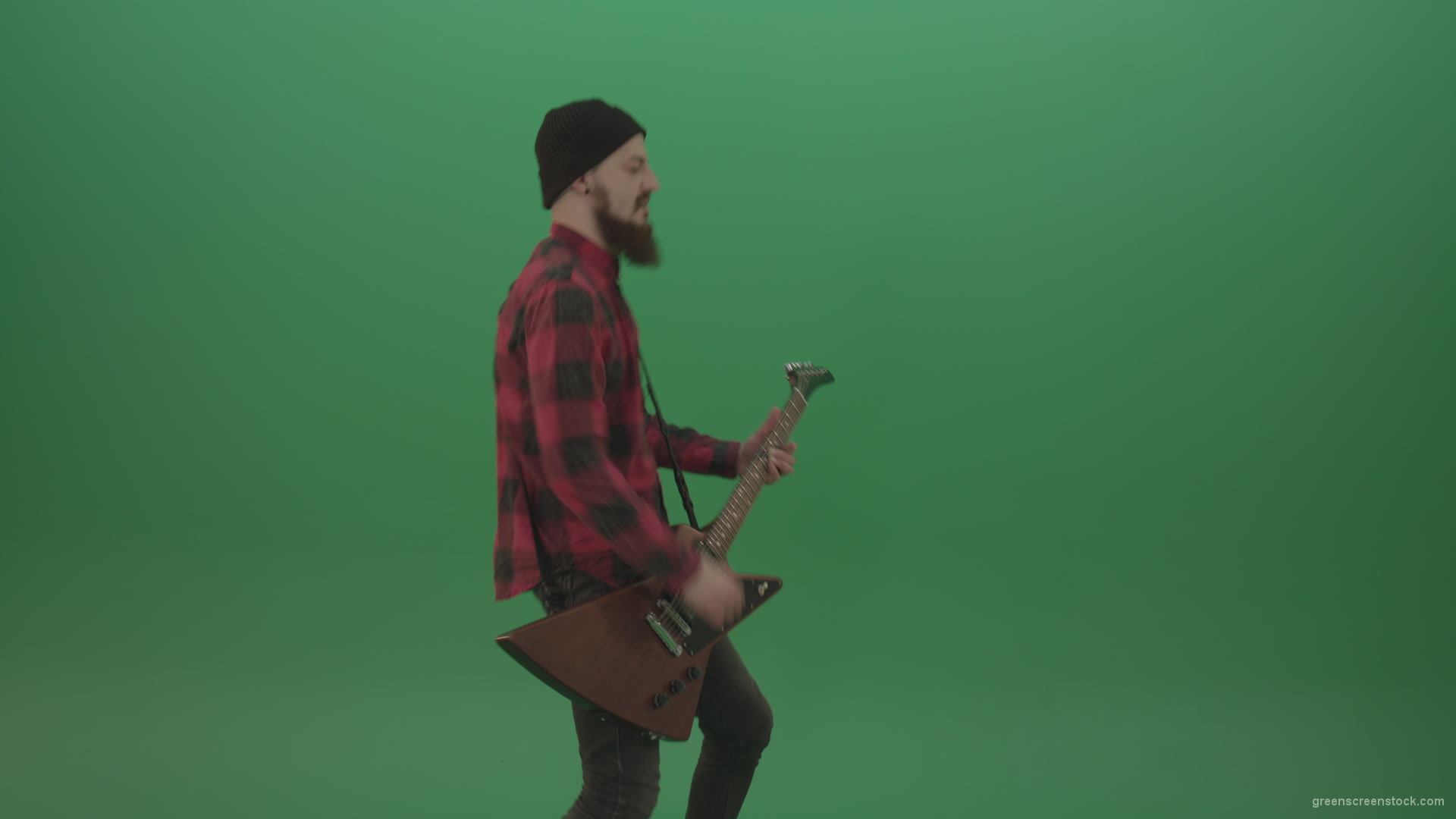 Man-punk-hardrock-guitarist-playing-guitar-in-side-view-in-green-screen-studio_005 Green Screen Stock