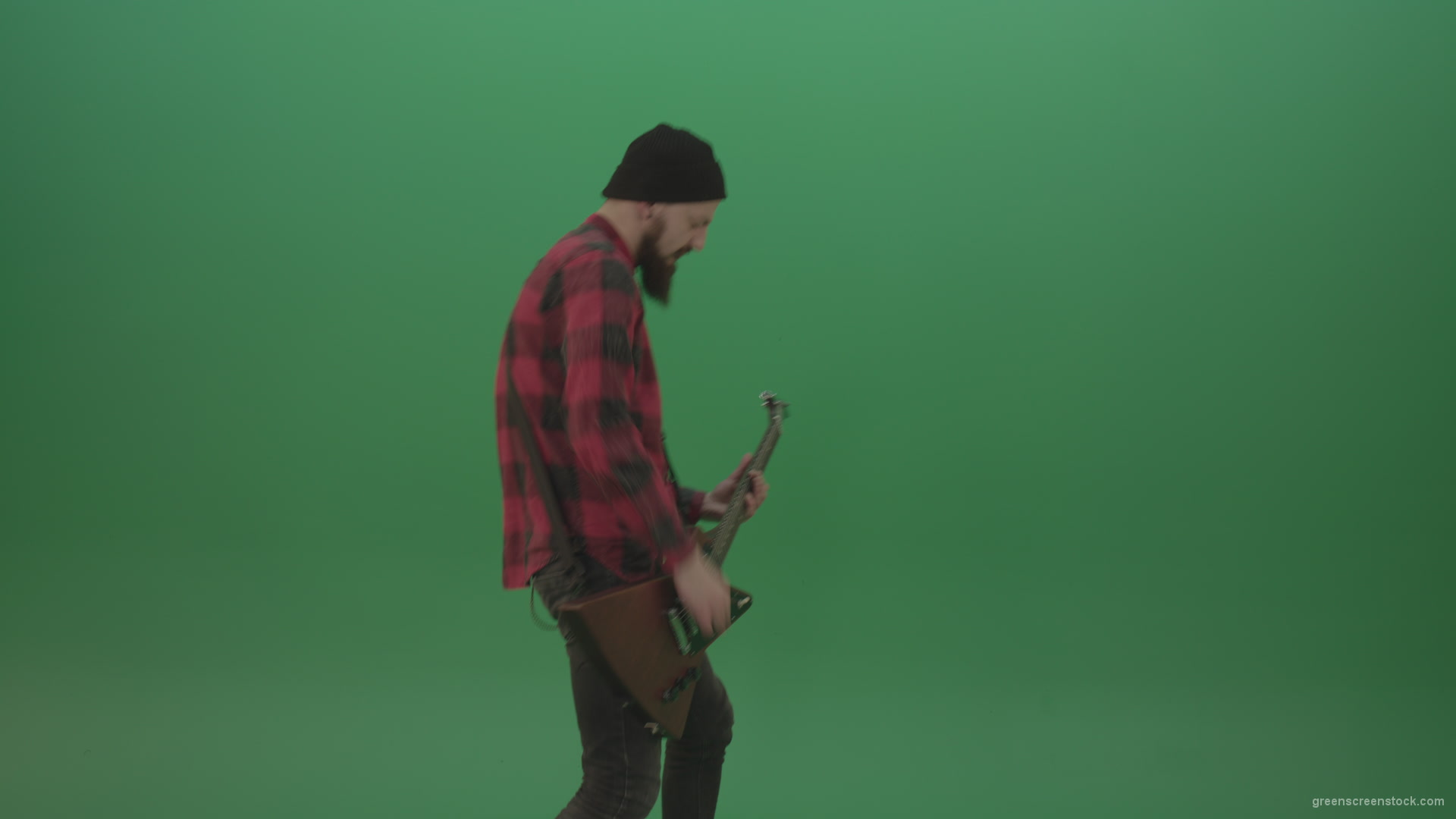 Man-punk-hardrock-guitarist-playing-guitar-in-side-view-in-green-screen-studio_007 Green Screen Stock