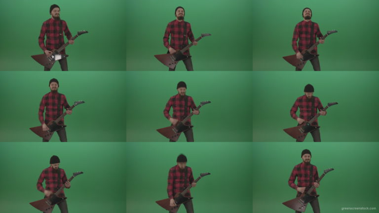 Old-man-with-beard-play-rock-guitar-isolated-on-green-screen-background-4K Green Screen Stock