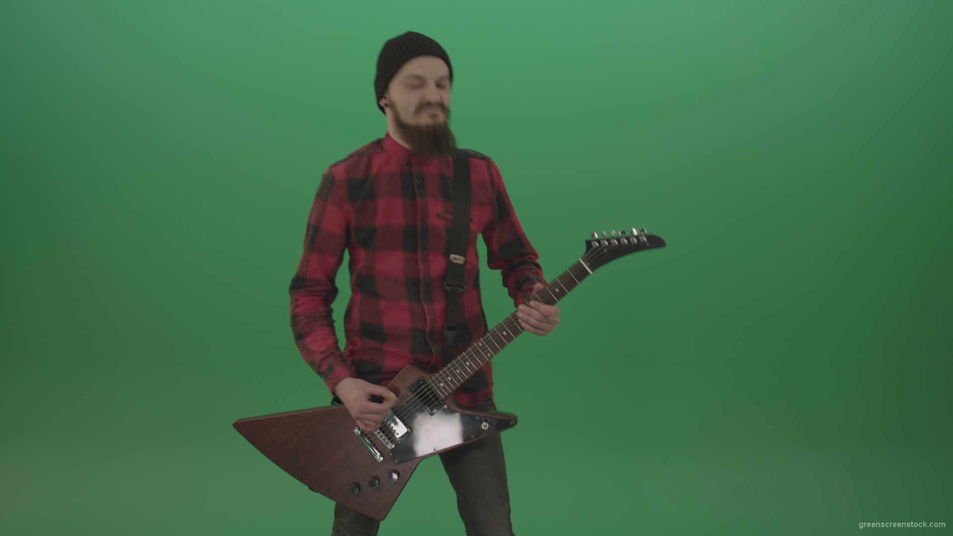 Old-man-with-beard-play-rock-guitar-isolated-on-green-screen-background-4K_001 Green Screen Stock